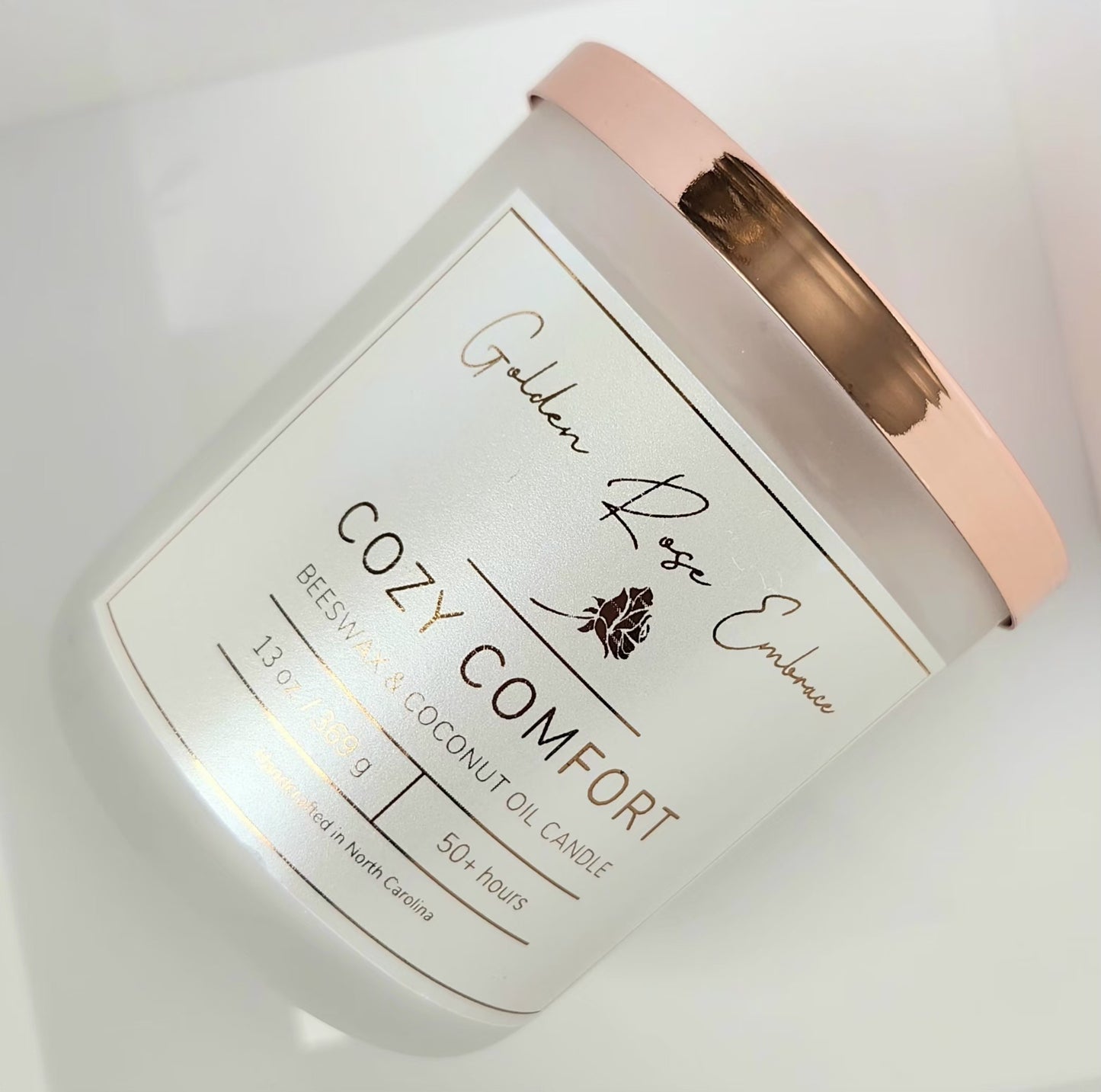 13 oz beeswax candles, cotton wick, frosted glass jar, bronze lid, flannel, bergamot, mahogany, and musk.