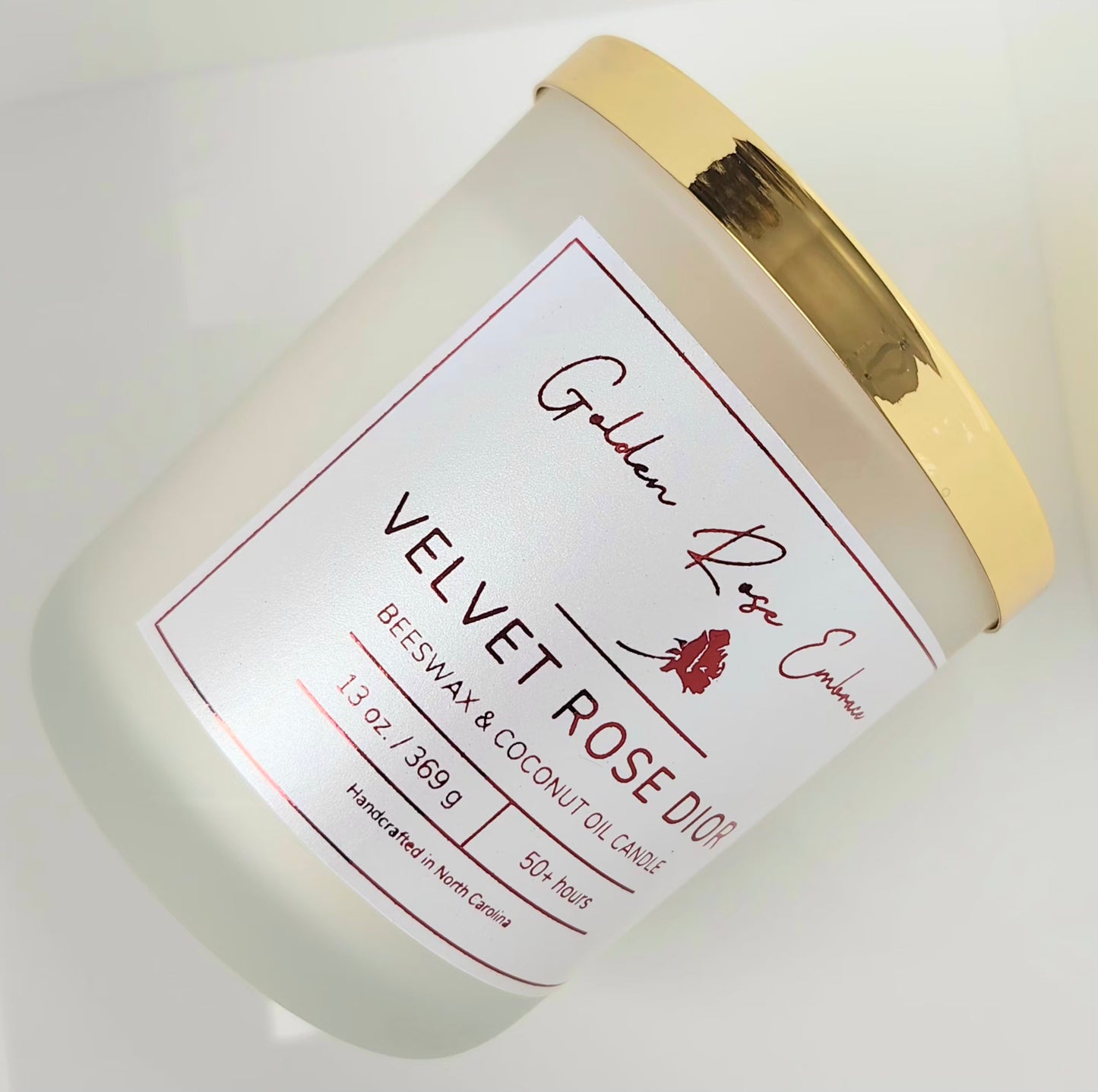 13 oz Beeswax Candles, Beeswax, woodwick candles, frosted glass jar, gold lid, velvet rose dior fragrance dark rose scent