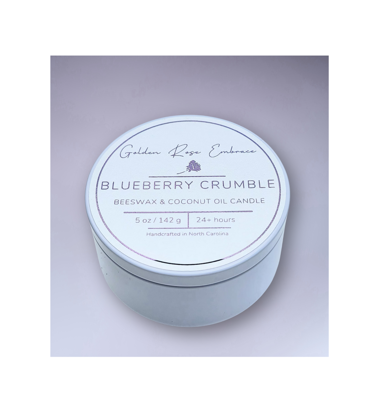 5 oz beeswax candles, cotton wick, white tin, butter, sugar, blueberry, vanilla, and graham cracker.