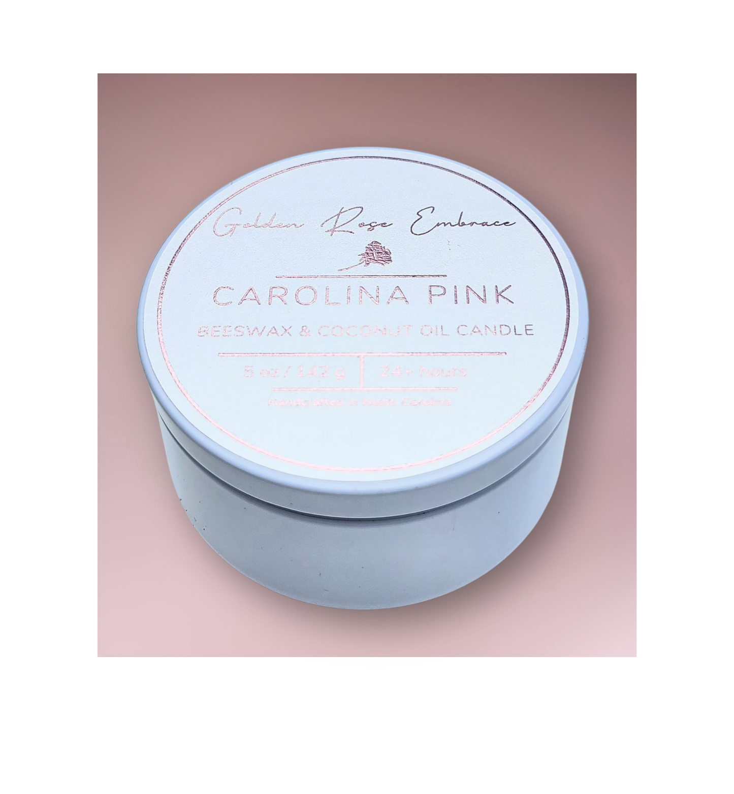 5 oz beeswax candles, cotton wick candles, white tin, rosy pink peony, green foliage, spice fragrance.