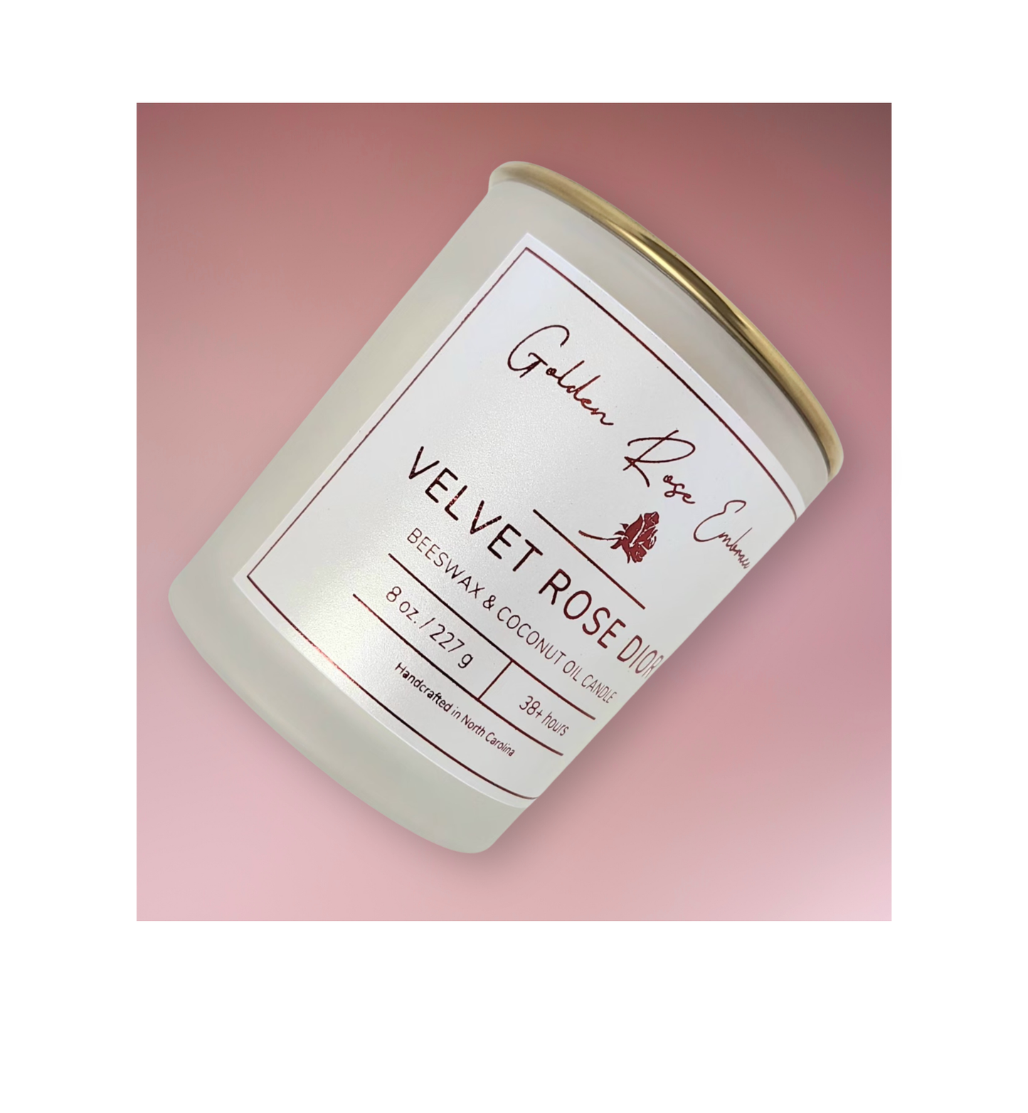 8 oz Beeswax Candles, Beeswax, woodwick candles, frosted glass jar, gold lid, velvet rose dior fragrance dark rose scent