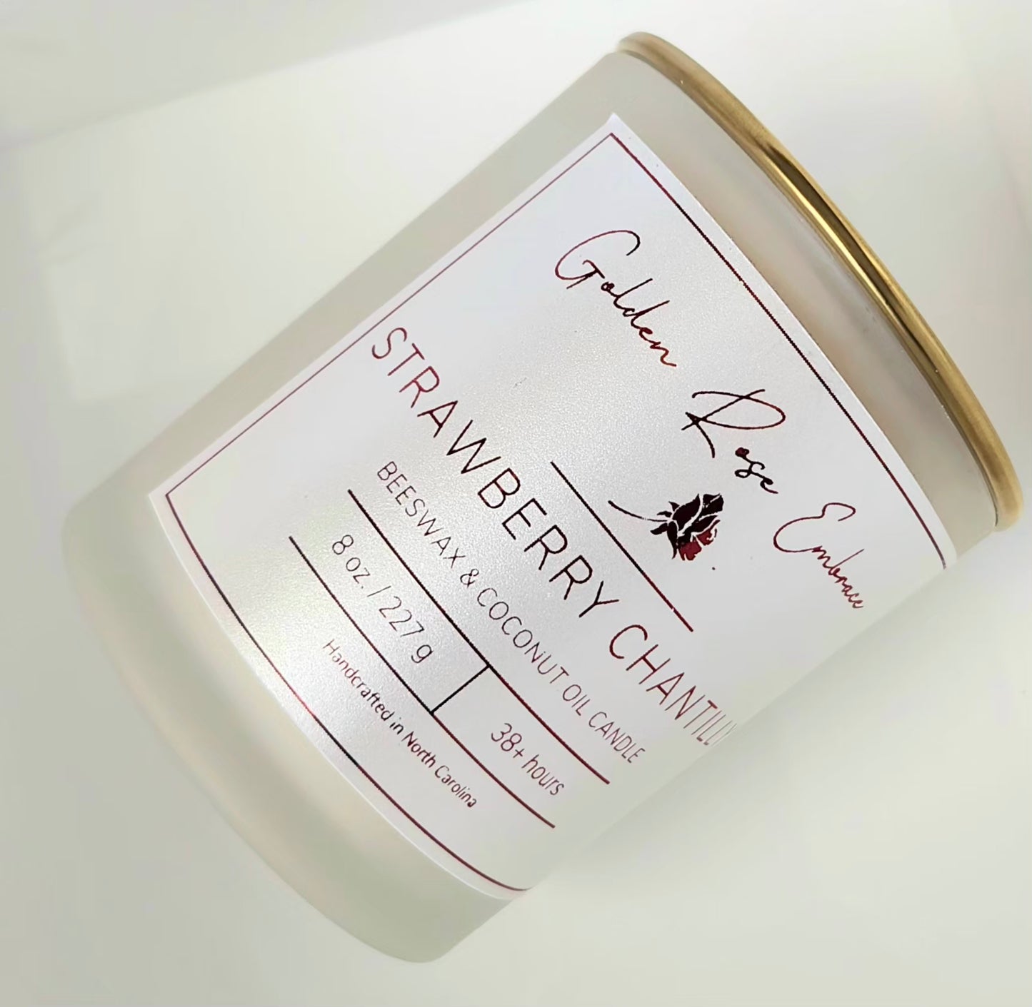 8 oz beeswax candles, woodwick, frosted glass jar, gold lid, sweet strawberries, creamy vanilla, and zesty lemon.