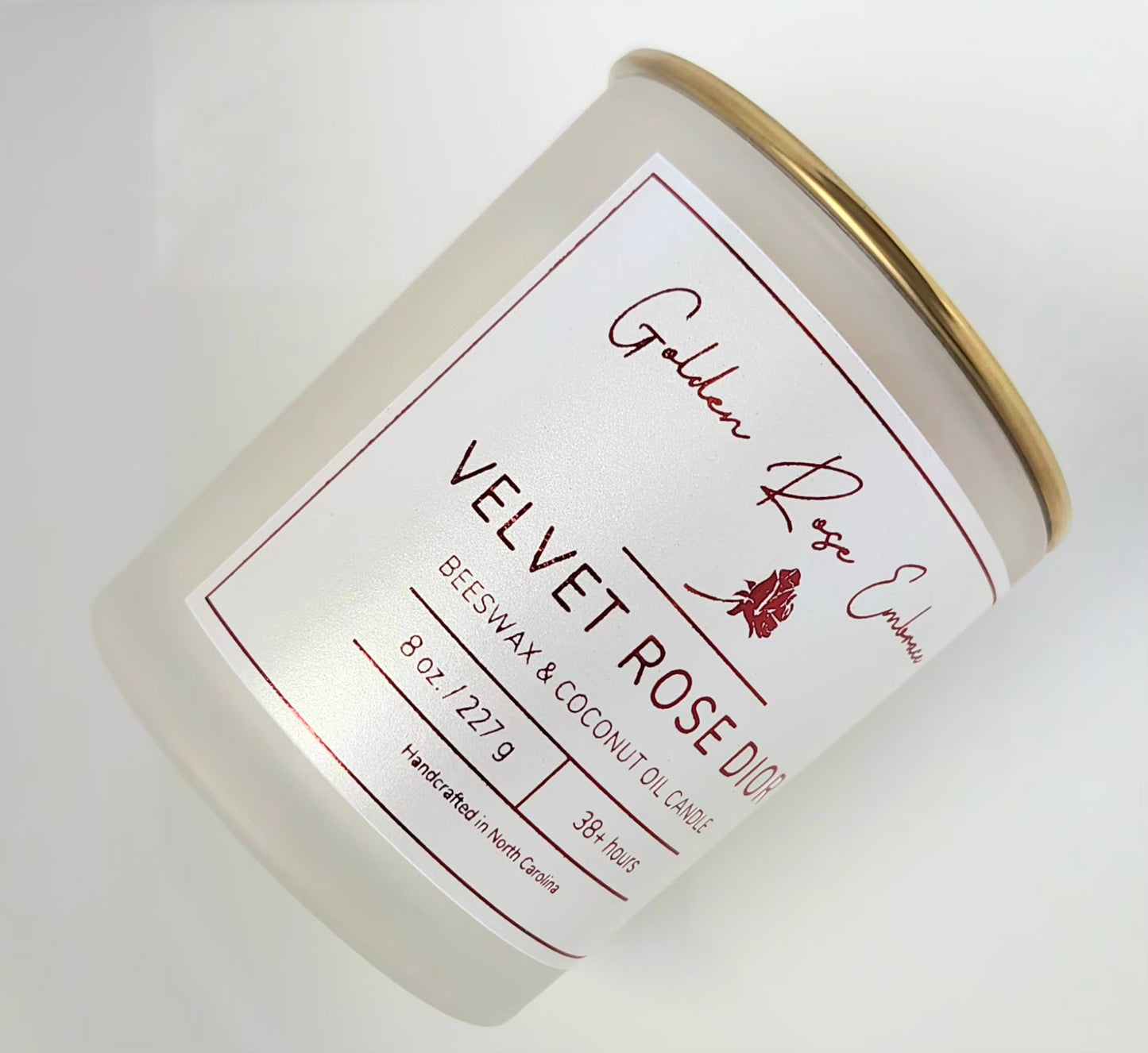 8 oz Beeswax Candles, Beeswax, woodwick candles, frosted glass jar, gold lid, velvet rose dior fragrance