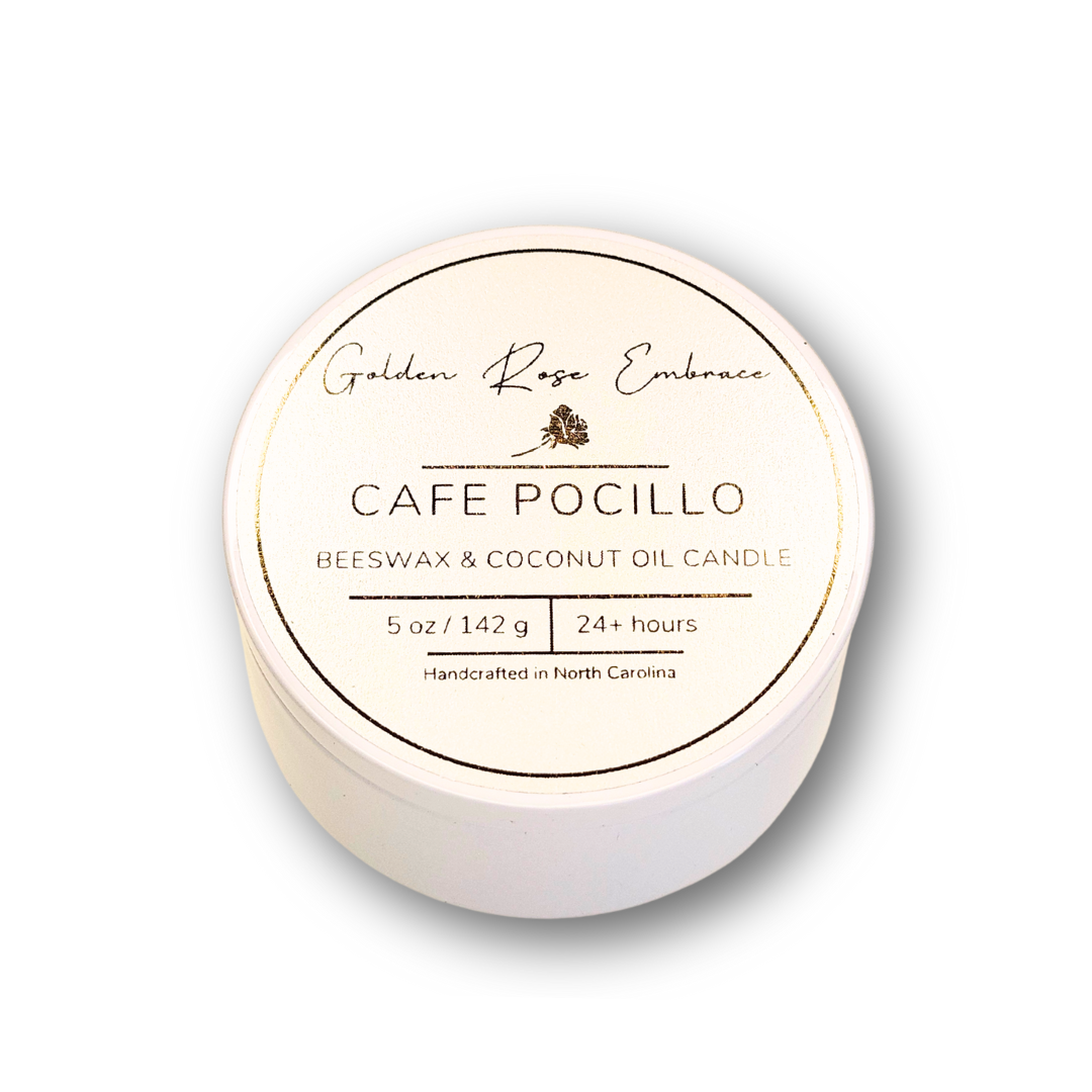Cafe Pocillo 5 oz beeswax candles, white tin, woodwick candles, creamy cappuccino, warm vanilla, and dark chocolate.