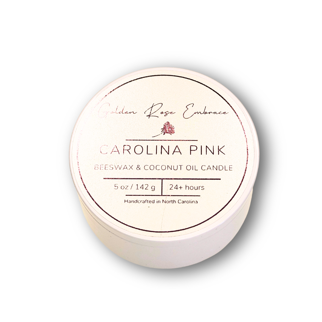 Carolina Pink 5 oz beeswax candles, white tin, woodwick candles, aroma of rosy pink peony, green foliage, and a touch of spice.