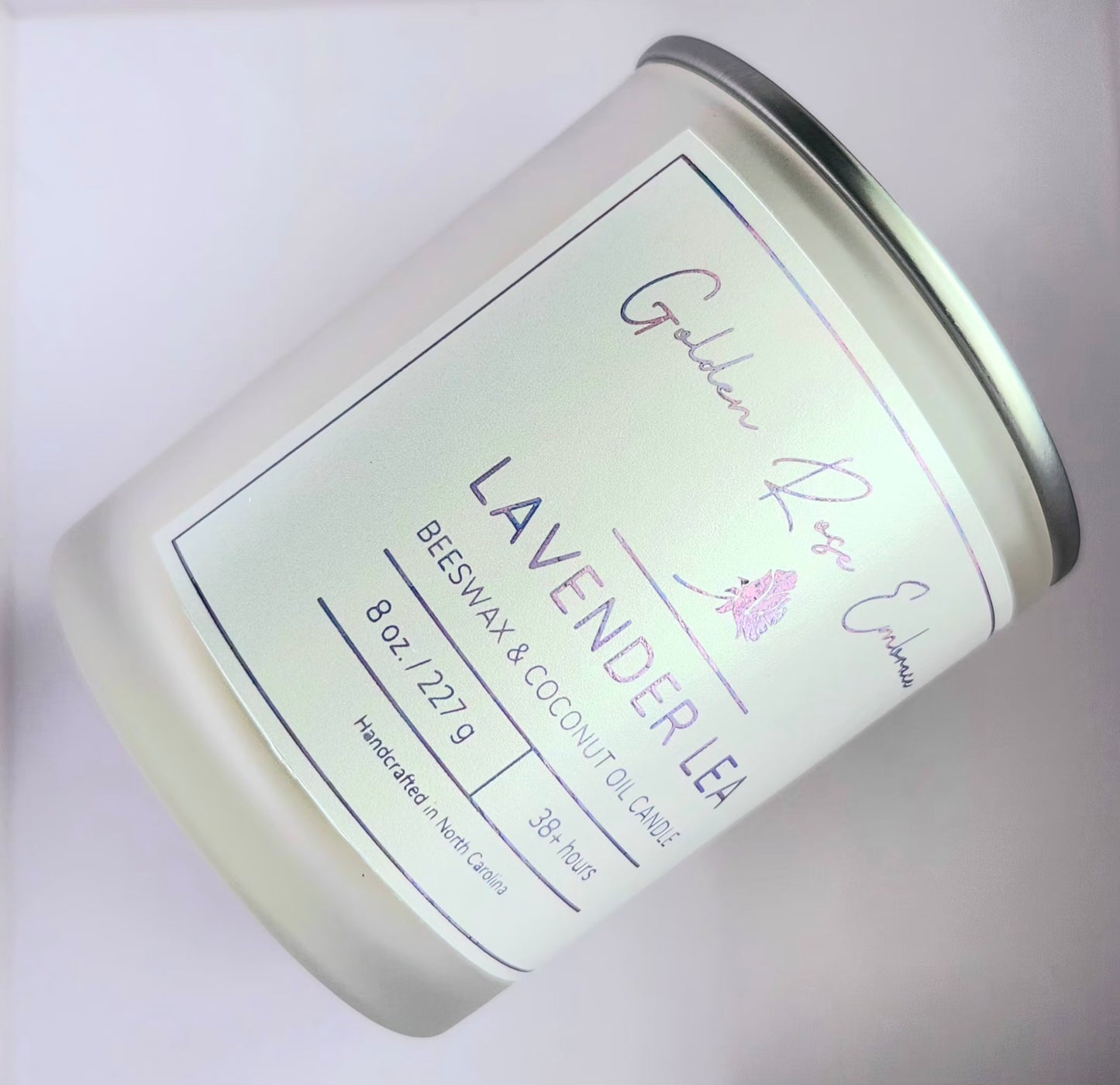 Beeswax candle - Lavender Lea 8oz frosted glass jar, silver lid