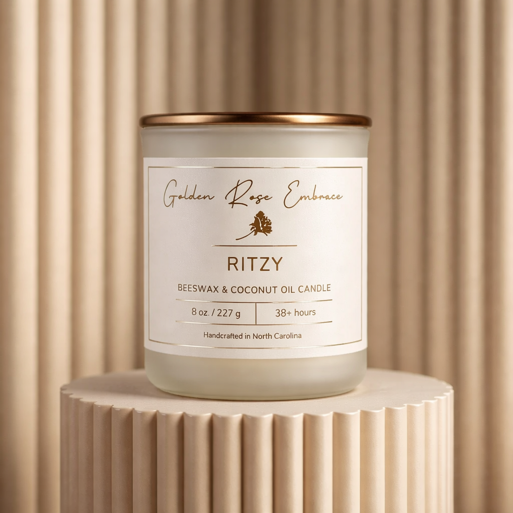 Ritzy 8oz Beeswax Candle. Frosted glass jar. Bronze Metallic Lid. Wood Wick.
Notes of fresh Bergamot, Orange Peel, Chamomile Petals, Marine, Camphor, Pineapple, Matcha, Rosewater, Lavender, Bamboo, Green Tea, Geranium, Dark Musk, Vetiver, Amber, Santal Woods, Cedar.
Frosted glass jar, bronze lid, wood wick.
Paraffin-free, Paraben-free, Phthalate-free, Carcinogen-free, Mutagen-free, Cruelty-free clean nontoxic beeswax candle.