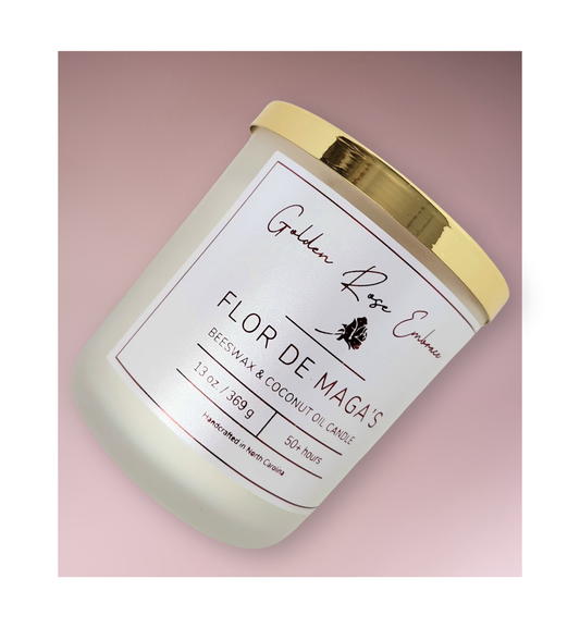 13 oz beeswax candles, cotton wick candles,  frosted glass jar, gold lid, hibiscus, jasmine, apple, pineapple, sugar, coconut, musk fragrance.