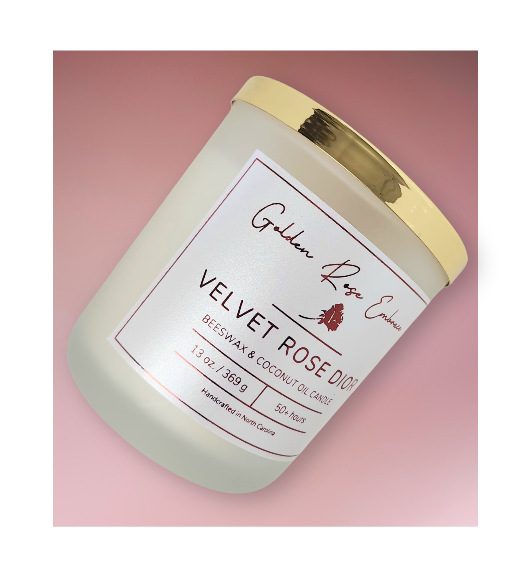 Velvet Rose Dior 13oz Beeswax Candle.
Frosted glass, metallic gold lid, double cotton wick.
Notes of Pink Peppercorn, Grapefruit, Plum, Black Rose, Cumin, Vanilla, Patchouli, and Labdanum.

A truly luxurious captivating scent that evokes passion with its dark rose scent and warm, embracing aroma.

Custom beeswax candle blended with organic coconut oil and fragrances infused with clean nontoxic fragrance and natural essential oils. 