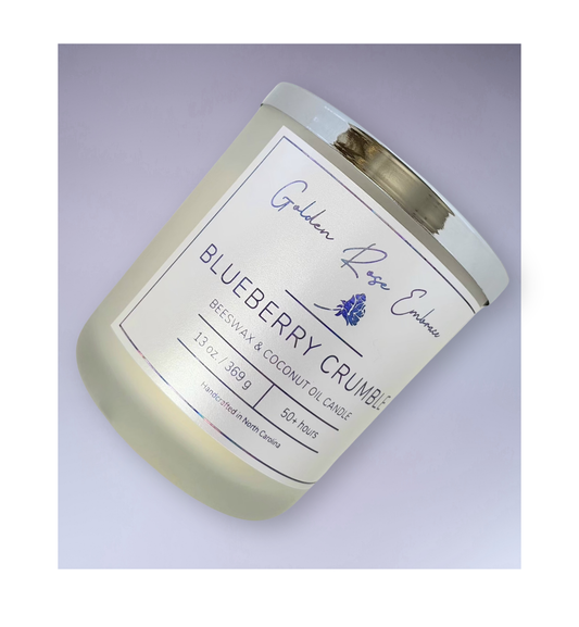13 oz beeswax candles, cotton wick, frosted glass jar, gold lid, butter, sugar, blueberry, vanilla, and graham cracker.
