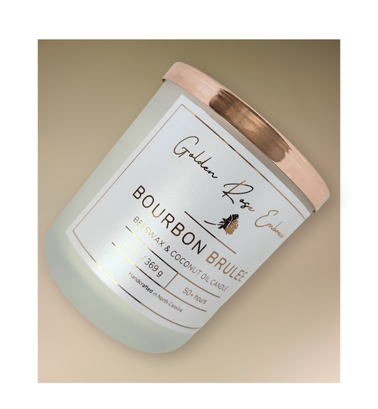 13 oz beeswax candles, cotton wick, frosted glass jar, bronze lid, butterscotch, bourbon, and sweet vanilla.