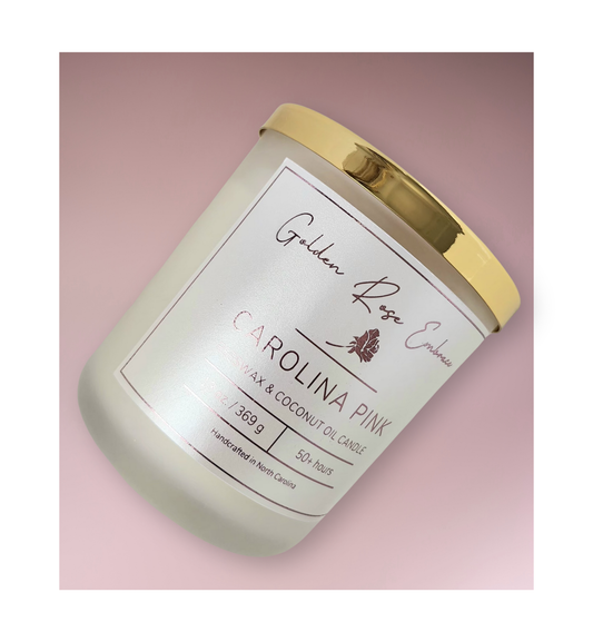 13 oz beeswax candles, cotton wick candles,  frosted glass jar, gold lid, rosy pink peony, green foliage, spice fragrance.