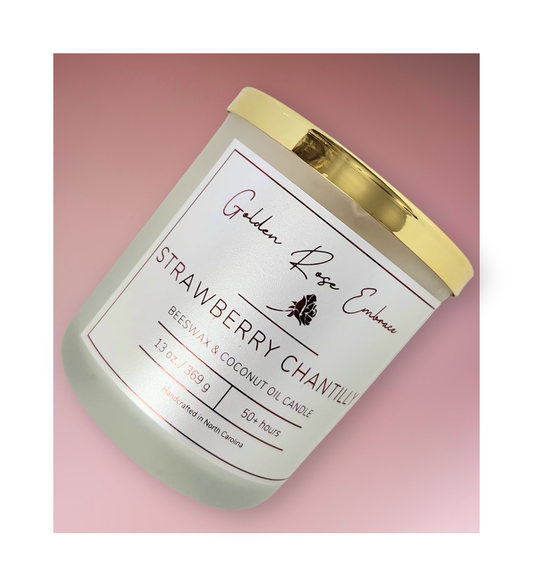 13 oz beeswax candles, cotton wick, frosted glass jar, gold lid, sweet strawberries, creamy vanilla, and zesty lemon.