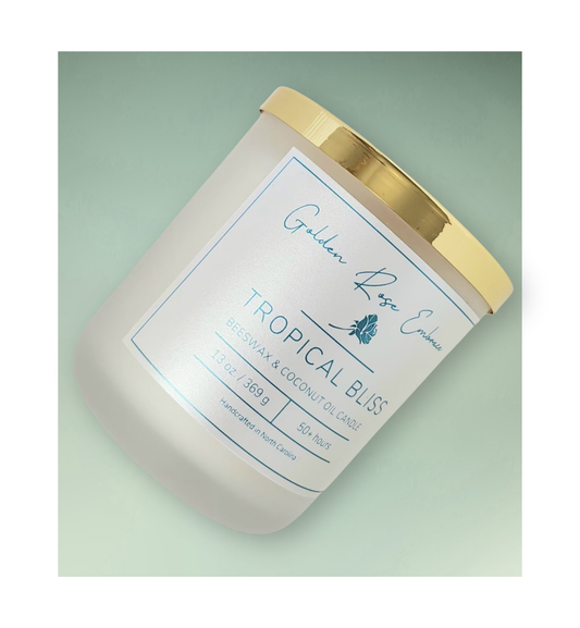 13 oz beeswax candles, cotton wick candles,  frosted glass jar, gold lid, tropical aroma of guava, passionfruit, mango, pineapple, and coconut. 