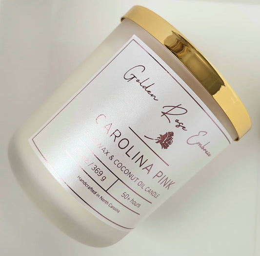 13 oz beeswax candles, cotton wick candles,  frosted glass jar, gold lid, rosy pink peony, green foliage, spice fragrance.