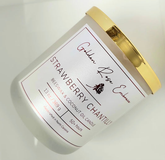 13 oz beeswax candles, cotton wick, frosted glass jar, gold lid, sweet strawberries, creamy vanilla, and zesty lemon.