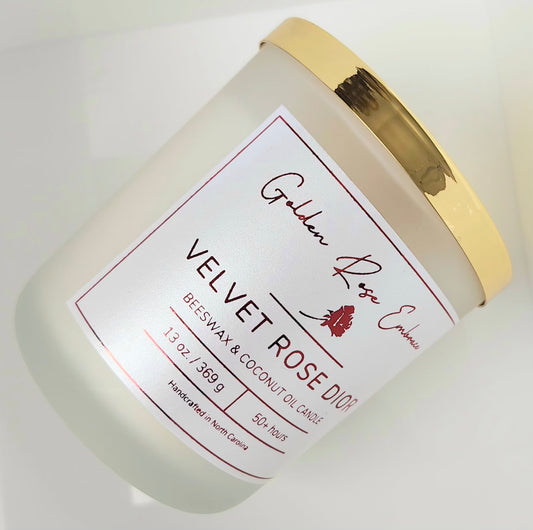 13 oz Beeswax Candles, Beeswax, woodwick  candles,  frosted glass jar, gold lid, velvet rose dior fragrance