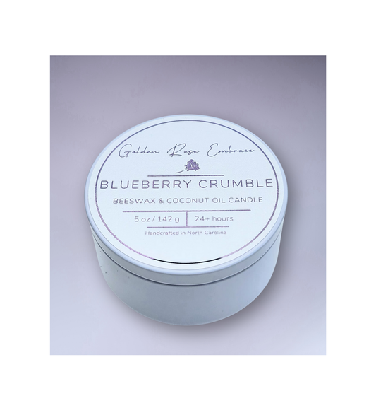 5 oz beeswax candles, cotton wick, white tin, butter, sugar, blueberry, vanilla, and graham cracker.