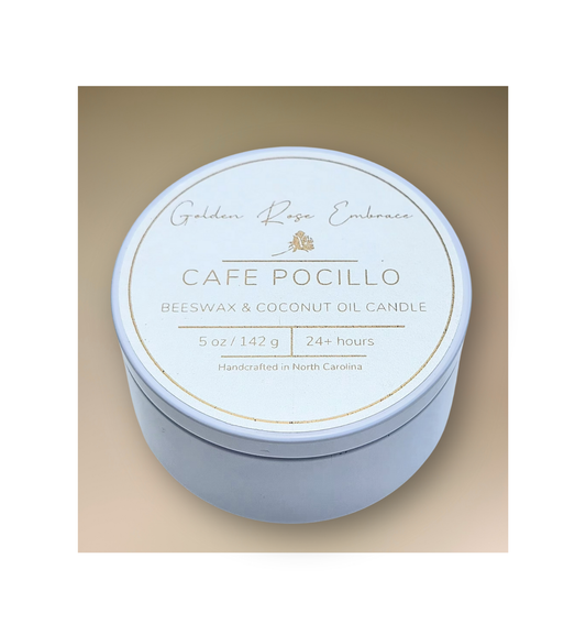 Cafe Pocillo 5 oz beeswax candles, white tin, woodwick candles, creamy cappuccino, warm vanilla, and dark chocolate. 