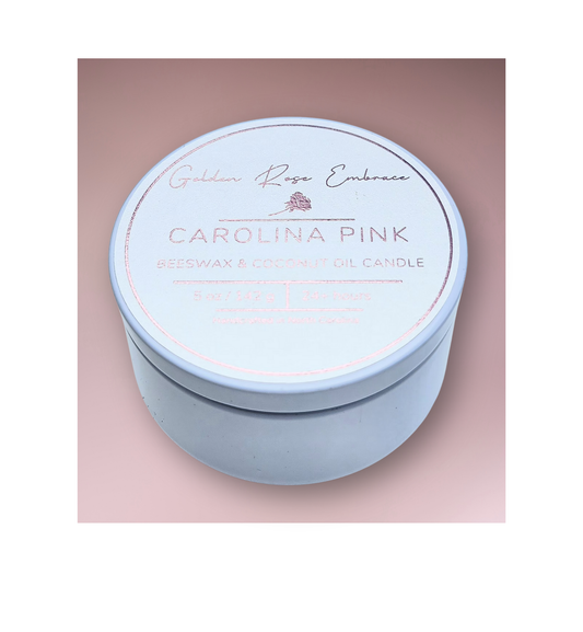 5 oz beeswax candles, cotton wick candles, white tin, rosy pink peony, green foliage, spice fragrance.