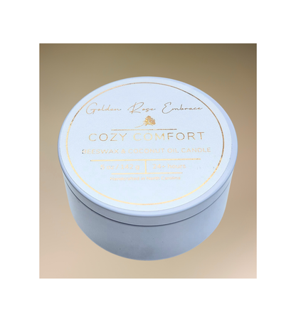 Cozy Comfort 5 oz Beeswax Candle. White Tin. WoodWick. 
Notes of Bergamot, Mahogany, and Musk
Create a warm and cozy atmosphere with the aroma of flannel, bergamot, mahogany, and musk. This fragrance will envelope you in comfort.
Custom beeswax candle blended with organic coconut oil and fragrances infused with clean nontoxic fragrance and natural essential oils. 