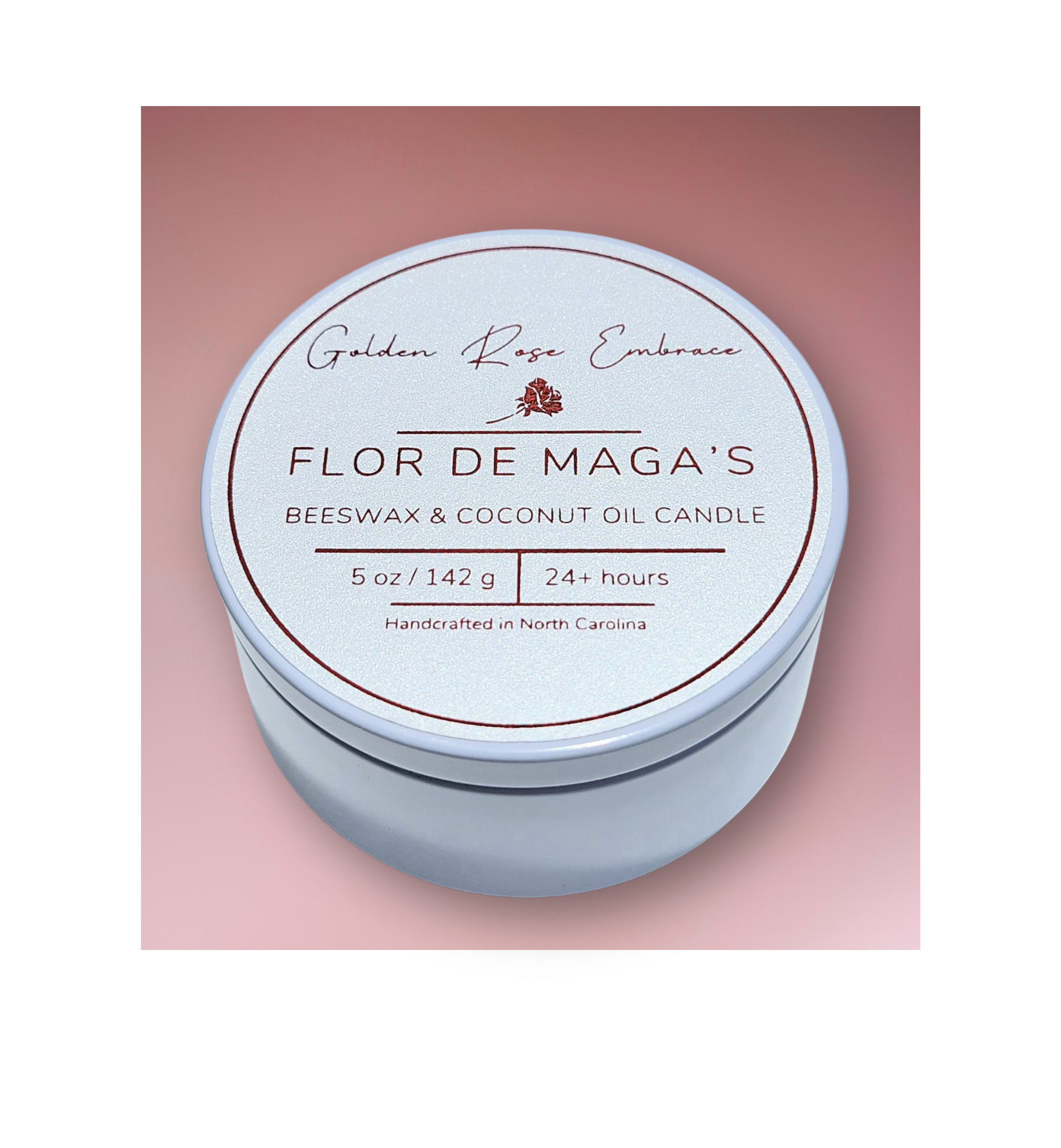 Flor De Maga's 5 oz beeswax candles, white tin, woodwick candles, aroma of hibiscus, jasmine, apple, pineapple, sugar, and coconut and musk. 