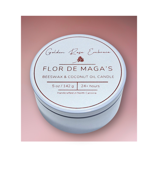 Flor De Maga's 5 oz beeswax candles, white tin, woodwick candles, aroma of hibiscus, jasmine, apple, pineapple, sugar, and coconut and musk. 