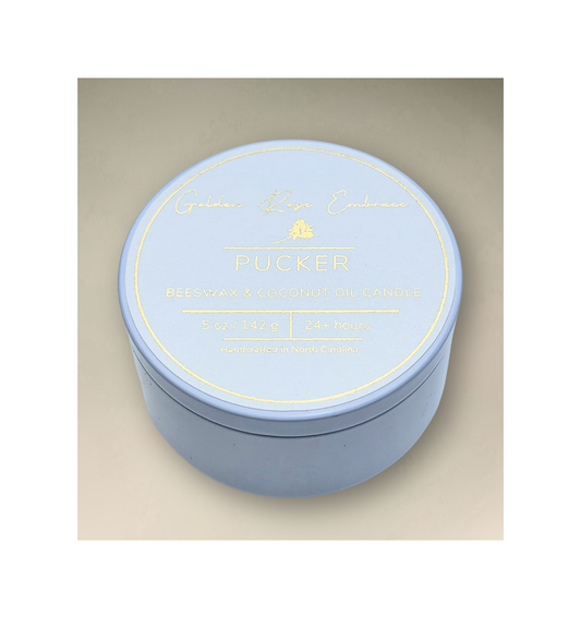 Pucker 5 oz beeswax candles, white tin,  woodwick candles, rich aromas of juicy watermelon, mouth-puckering lemon, ripe strawberry, and sweet pineapple.
