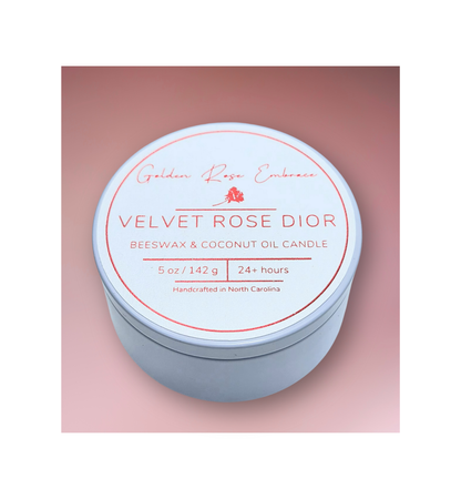 Velvet Rose Dior 5oz Beeswax Candle. 
White Tin. Woodwick.
Notes of Pink Peppercorn, Grapefruit, Plum, Black Rose, Cumin, Vanilla, Patchouli, and Labdanum.

A truly luxurious captivating scent that evokes passion with its dark rose scent and warm, embracing aroma

Custom beeswax candle blended with organic coconut oil and fragrances infused with clean nontoxic fragrance and natural essential oils