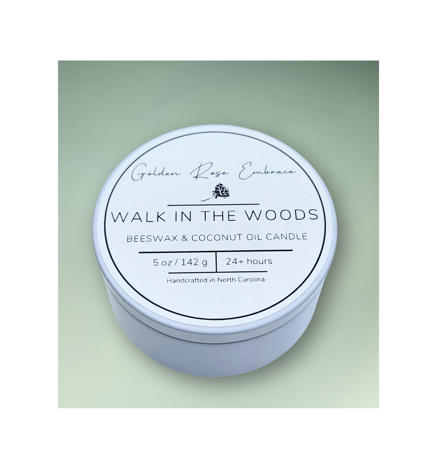 Walk in the Woods 5 oz Beeswax Candles, white tin, woodwick candles, earthy scent of mahogany, lavender, and geranium, evoking a warm and masculine aroma.