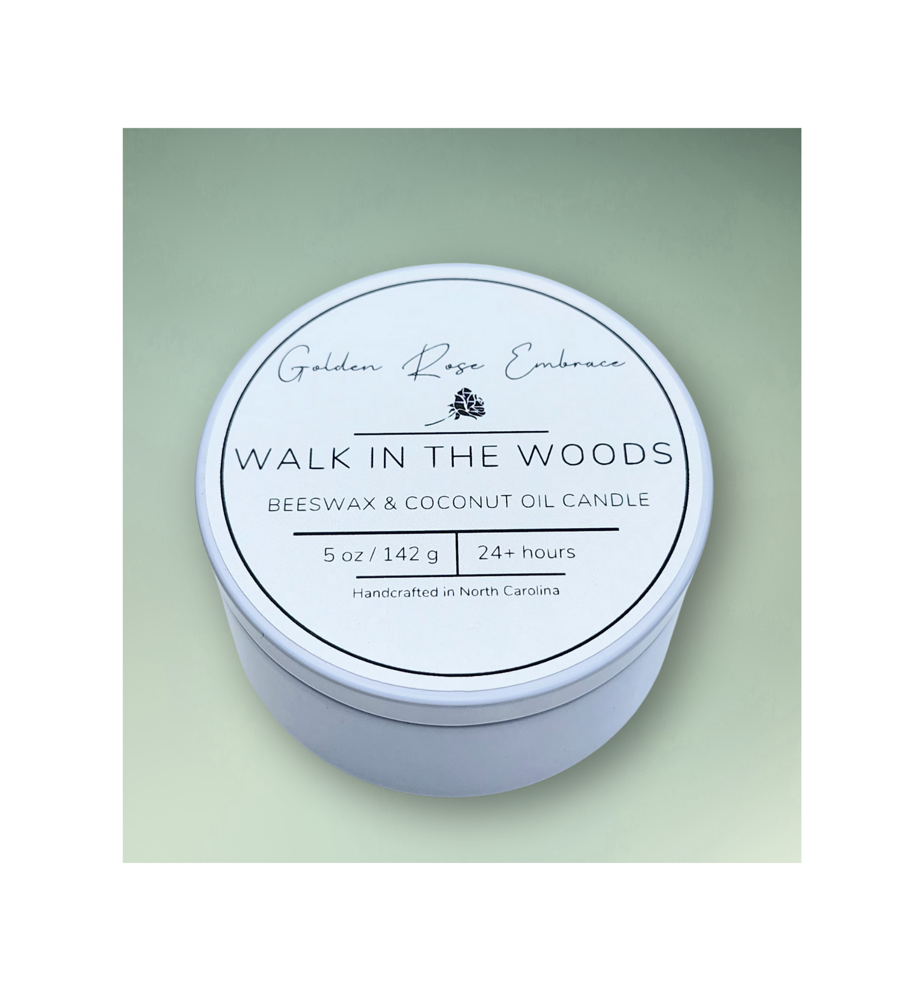 Walk in the Woods 5 oz Beeswax Candles, white tin, woodwick candles, earthy scent of mahogany, lavender, and geranium, evoking a warm and masculine aroma.