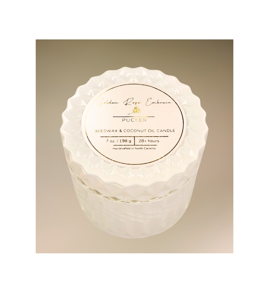 Pucker 7 oz beeswax candles, white posh glass jar, woodwick candles, rich aromas of juicy watermelon, mouth-puckering lemon, ripe strawberry, and sweet pineapple.