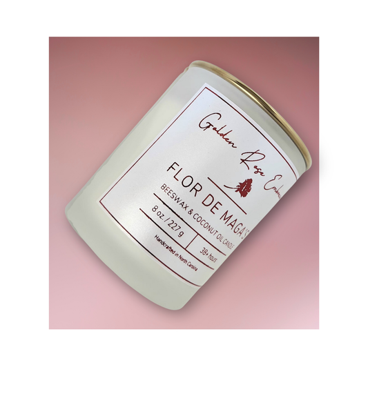 8 oz beeswax candles, cotton wick candles,  frosted glass jar, gold lid, hibiscus, jasmine, apple, pineapple, sugar, coconut, musk fragrance.