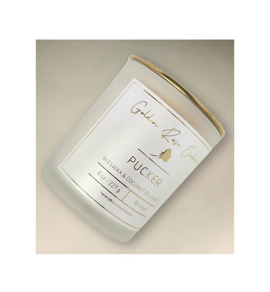 8 oz beeswax candles, cotton wick, frosted glass jar, gold lid, watermelon, mouth-puckering lemon, ripe strawberry, and sweet pineapple.