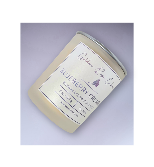 8 oz beeswax candles, cotton wick, frosted glass jar, gold lid, butter, sugar, blueberry, vanilla, and graham cracker.