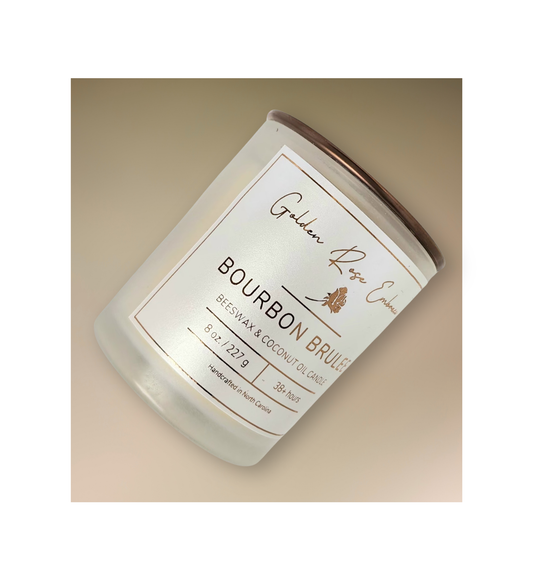 8 oz beeswax candles, cotton wick, frosted glass jar, bronze lid, butterscotch, bourbon, and sweet vanilla.