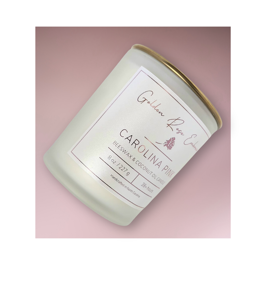8 oz beeswax candles, cotton wick candles,  frosted glass jar, gold lid, rosy pink peony, green foliage, spice fragrance.
