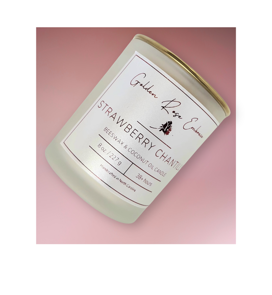 8 oz beeswax candles, cotton wick, frosted glass jar, gold lid, sweet strawberries, creamy vanilla, and zesty lemon.