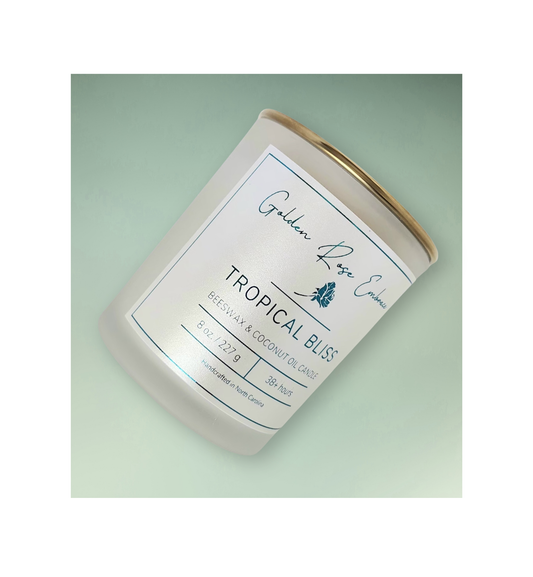 8 oz beeswax candles, cotton wick candles, frosted glass jar, gold lid, tropical aroma of guava, passionfruit, mango, pineapple, and coconut. 
