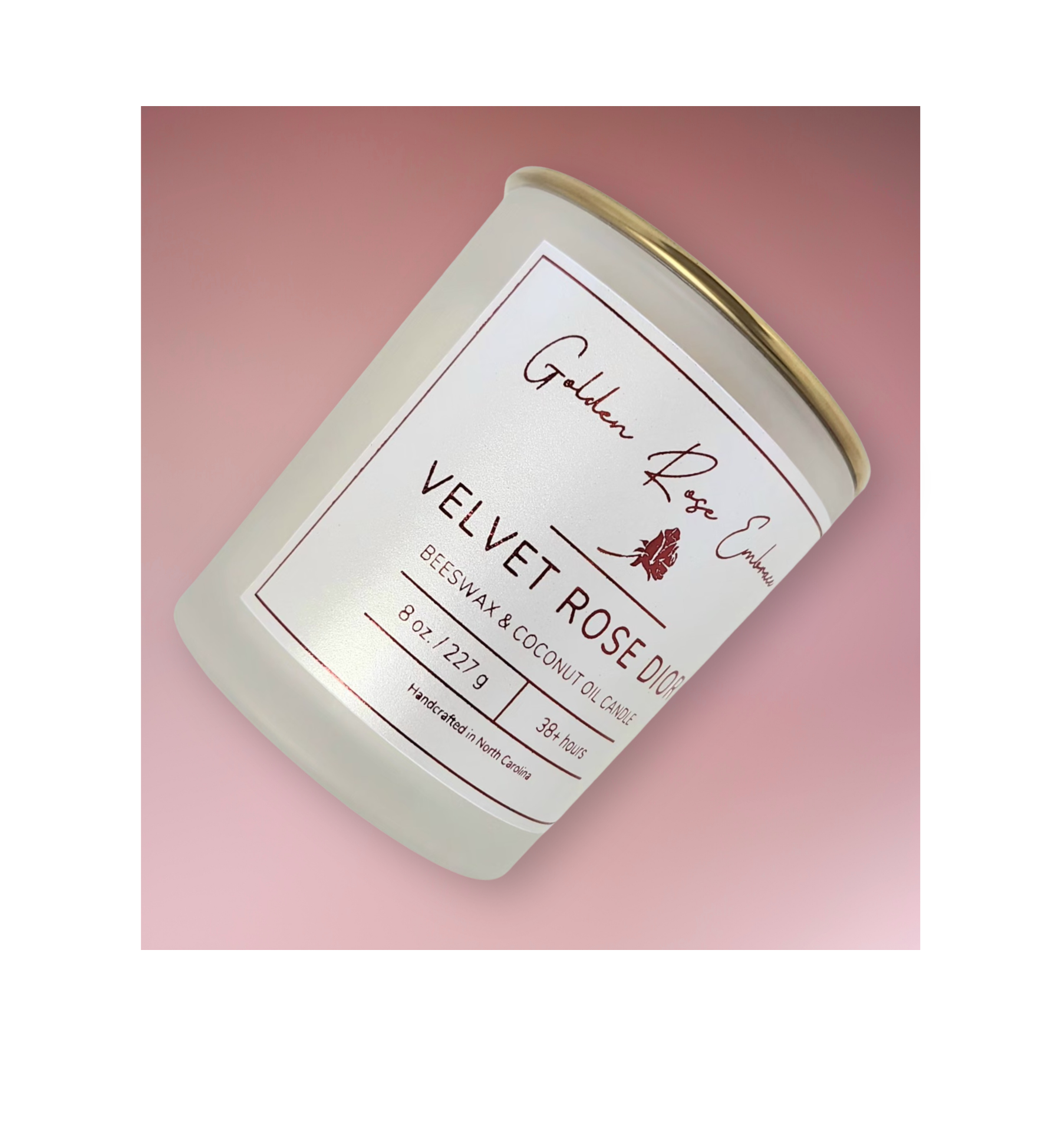 8 oz Beeswax Candles, Beeswax, woodwick  candles,  frosted glass jar, gold lid, velvet rose dior fragrance dark rose scent 