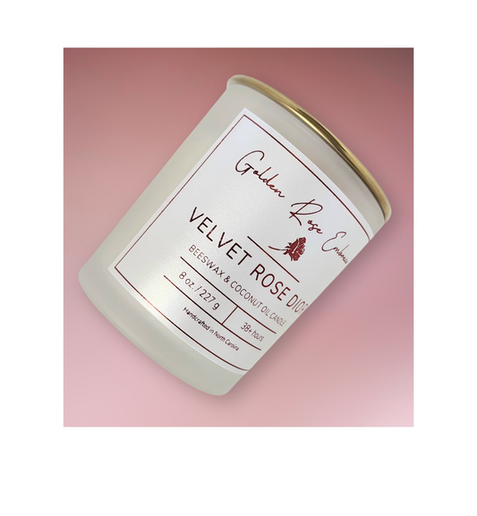 8 oz Beeswax Candles, Beeswax, woodwick  candles,  frosted glass jar, gold lid, velvet rose dior fragrance dark rose scent 