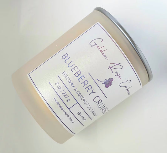 8 oz beeswax candles, cotton wick, frosted glass jar, gold lid, butter, sugar, blueberry, vanilla, and graham cracker.