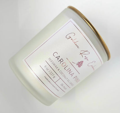 8 oz beeswax candles, woodwick candles,  frosted glass jar, gold lid, rosy pink peony, green foliage, spice fragrance.