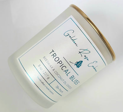 8 oz beeswax candles, woodwick candles,  frosted glass jar, gold lid,  tropical aroma of guava, passionfruit, mango, pineapple, and coconut. 