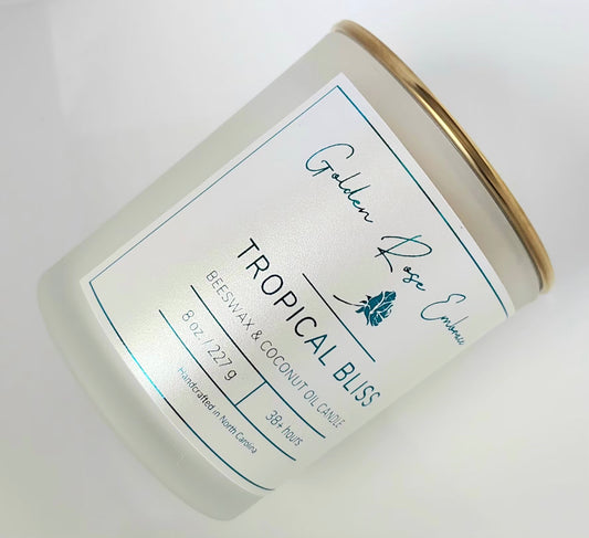 8 oz beeswax candles, woodwick candles,  frosted glass jar, gold lid,  tropical aroma of guava, passionfruit, mango, pineapple, and coconut. 