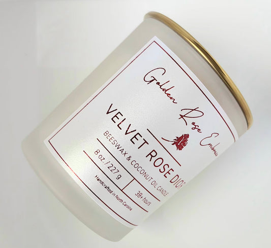 8 oz Beeswax Candles, Beeswax, woodwick  candles,  frosted glass jar, gold lid, velvet rose dior fragrance