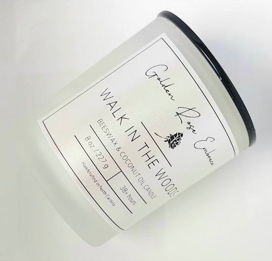 8 oz beeswax candles, woodwick, frosted glass jar, black lid, mahogany, lavender, and geranium