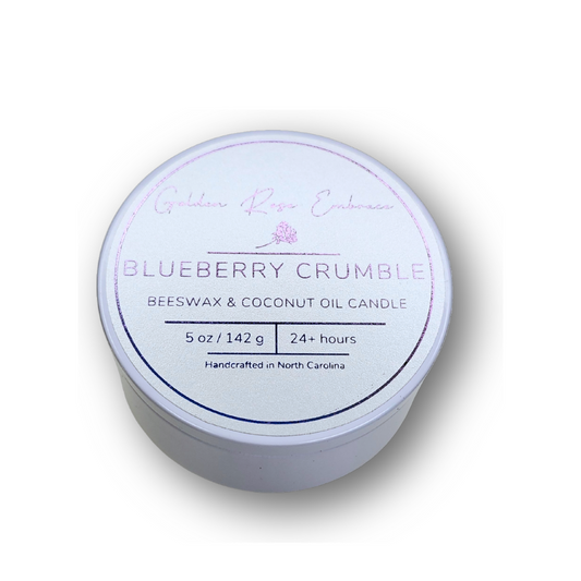 Blueberry Crumble 85oz Beeswax Candles, white tin,  woodwick candles, aroma of blend of butter, sugar, blueberry, vanilla, and graham cracker scent. 