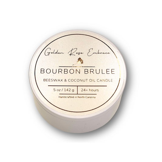Bourbon Brulee 5 oz Beeswax Candles, whit tin, woodwick candles, aroma of butterscotch, bourbon, and sweet vanilla.