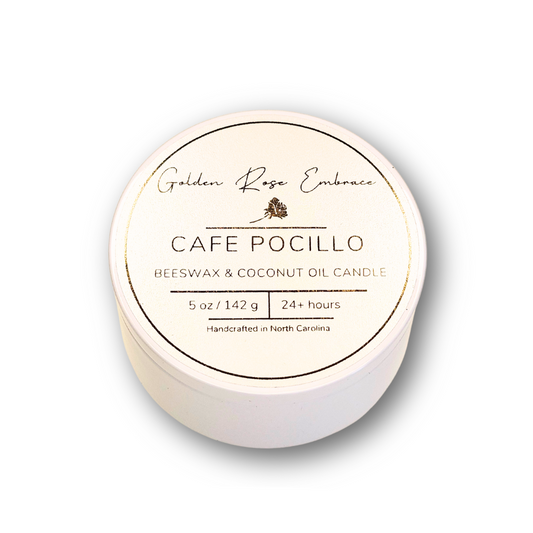 Cafe Pocillo 5 oz beeswax candles, white tin, woodwick candles, creamy cappuccino, warm vanilla, and dark chocolate. 